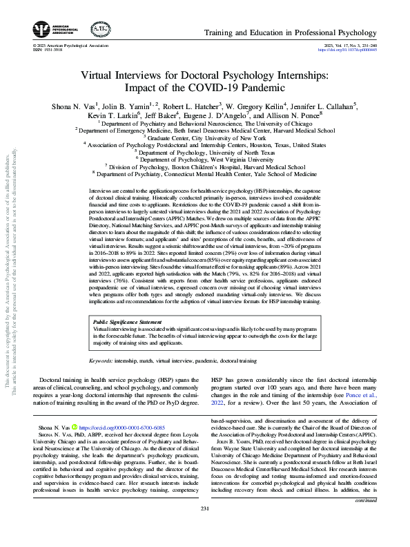 (PDF) Virtual interviews for doctoral psychology internships Impact of