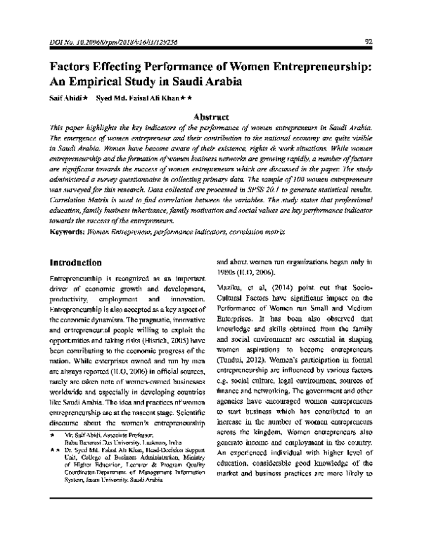 (PDF) Factors Effecting Performance of Women Entrepreneurship: An ...