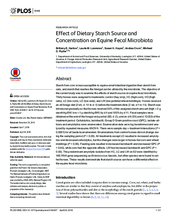 (PDF) Effect of Dietary Starch Source and Concentration on Equine Fecal ...