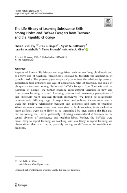 (PDF) The life history of learning subsistence skills among Hadza and ...