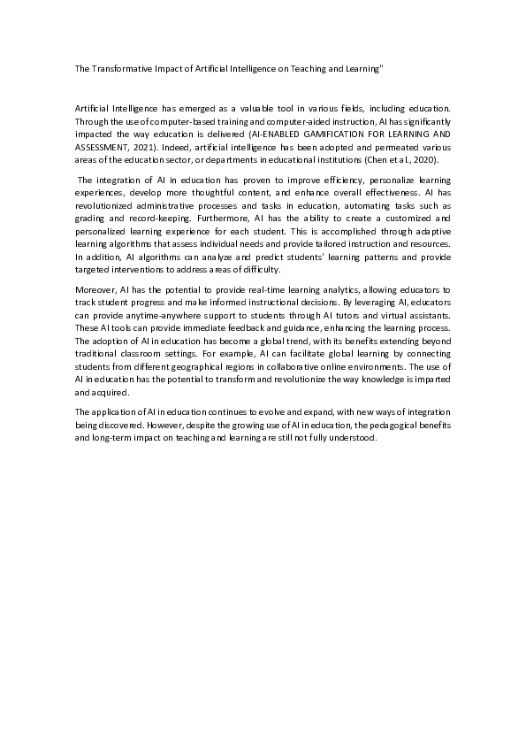 (PDF) The Transformative Impact of Artificial Intelligence on Teaching ...
