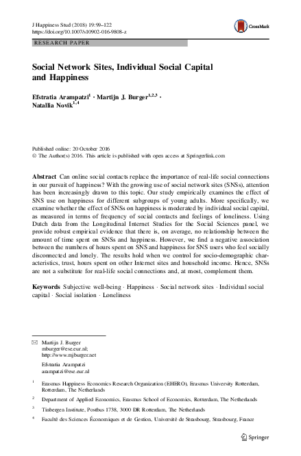 (PDF) Social Network Sites, Individual Social Capital and Happiness