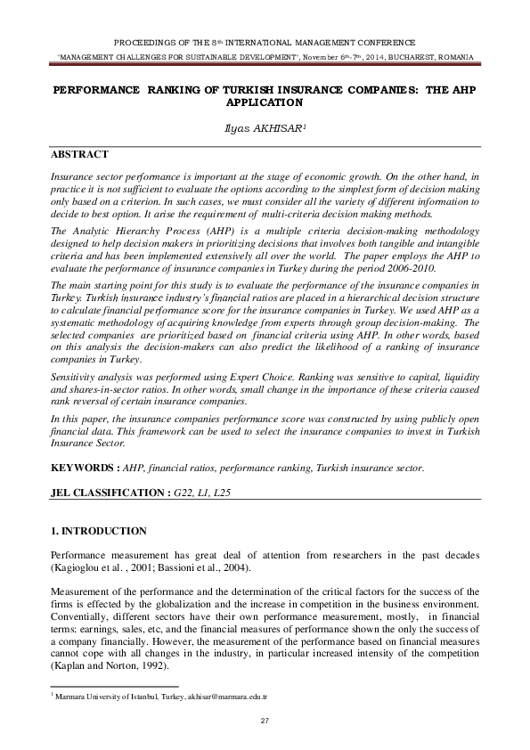 (PDF) Performance Ranking of Turkish Insurance Companies: The Ahp ...