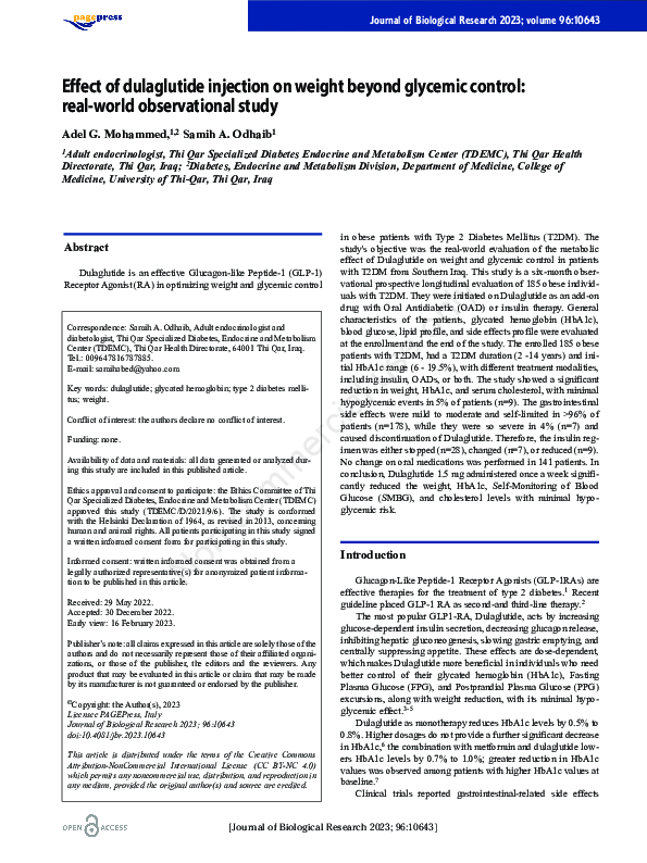 Picture of (PDF) Effect of dulaglutide injection on weight beyond glycemic control ...