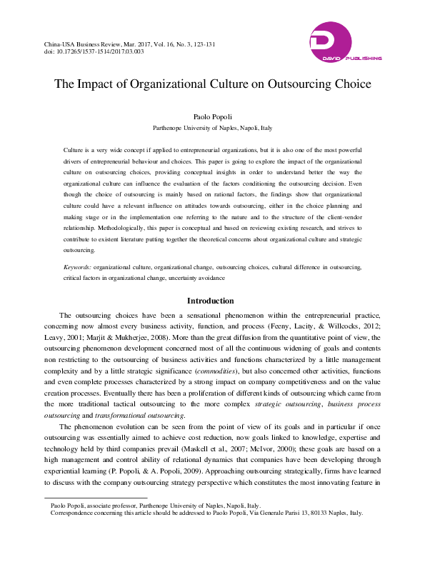 (PDF) The Impact of Organizational Culture on Outsourcing Choice
