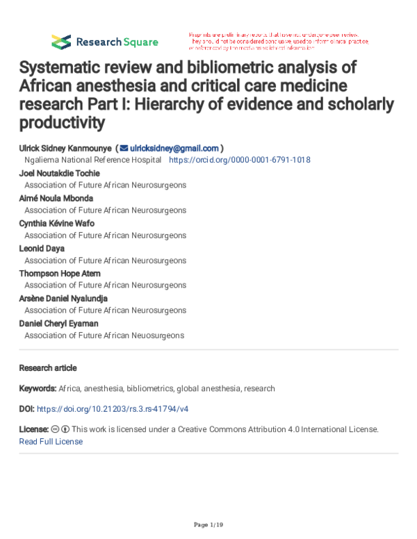 (PDF) Systematic review and bibliometric analysis of African anesthesia ...