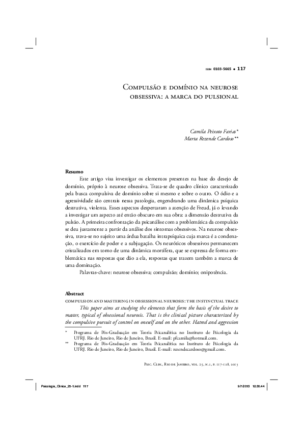 (PDF) Compulsion and mastering in obsessional neurosis: the instinctual ...