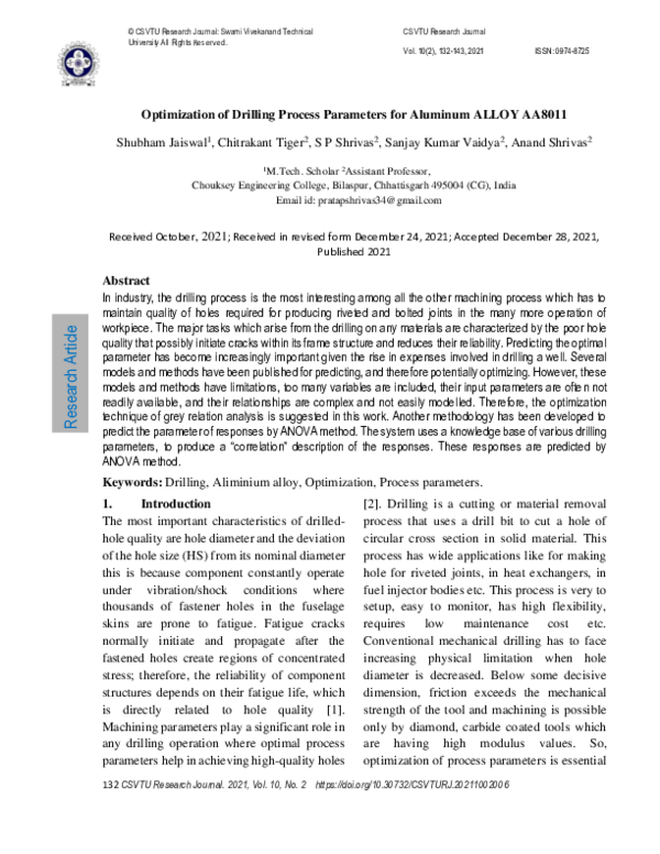 (PDF) Optimization of Drilling Process Parameters for Aluminum ALLOY AA8011