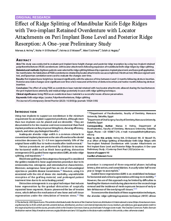(PDF) Effect of Ridge Splitting of Mandibular Knife Edge Ridges with Twoimplant Retained