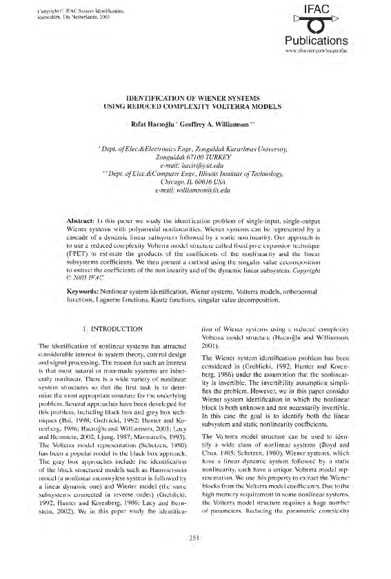 (PDF) Identification of wiener systems using reduced complexity ...