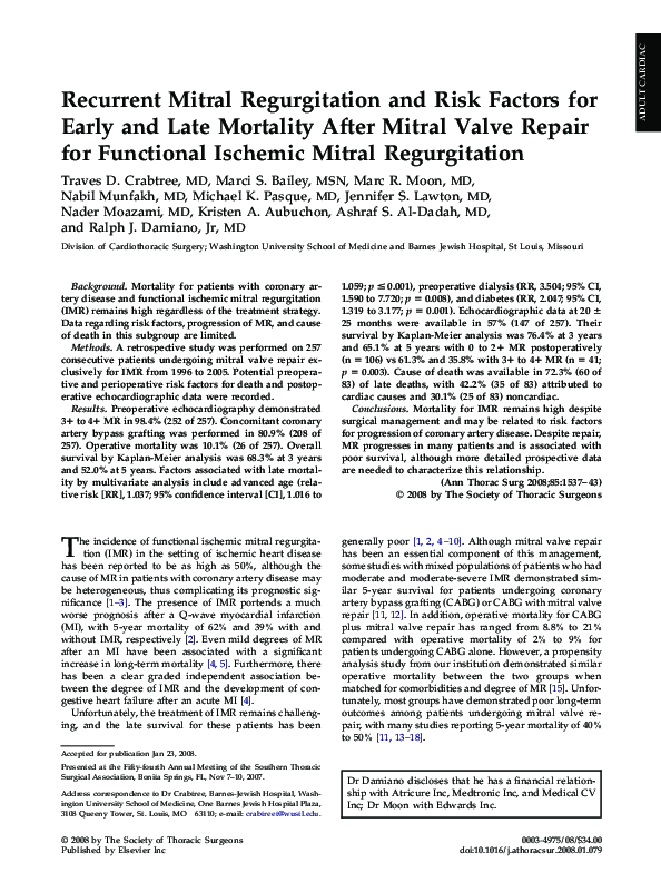 (PDF) Recurrent Mitral Regurgitation and Risk Factors for Early and ...