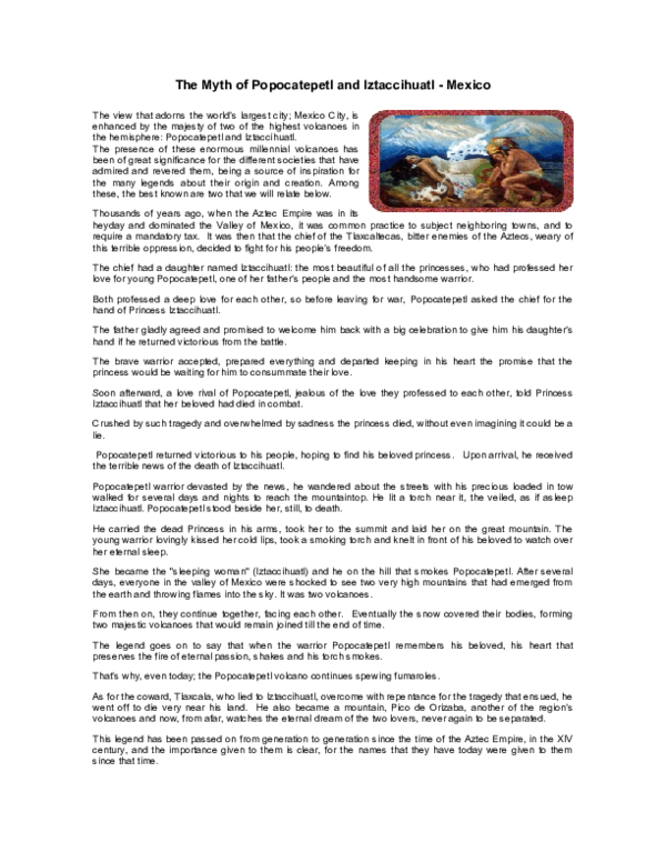 (DOC) The Myth of Popocatepetl and Iztaccihuatl -Mexico
