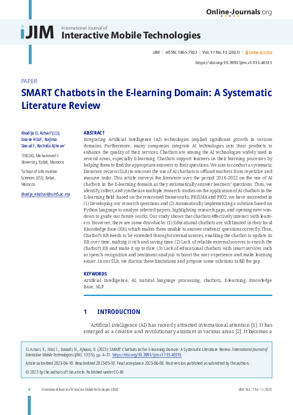 (PDF) SMART Chatbots in the E-learning Domain: A Systematic Literature ...