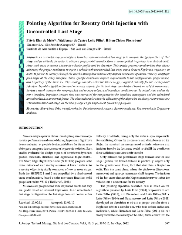 (PDF) Pointing algorithm for reentry orbit injection with uncontrolled ...