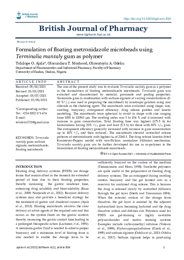 (PDF) Formulation of floating metronidazole microbeads using Terminalia ...