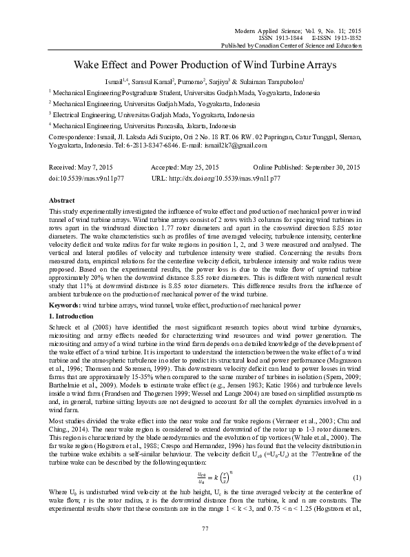 (PDF) Wake Effect and Power Production of Wind Turbine Arrays