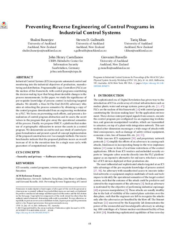 (PDF) Preventing Reverse Engineering of Control Programs in Industrial ...