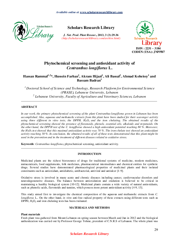 (PDF) Phytochemical screening and antioxidant activity of Centranthus ...