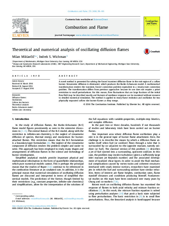(PDF) Theoretical and numerical analysis of oscillating diffusion flames