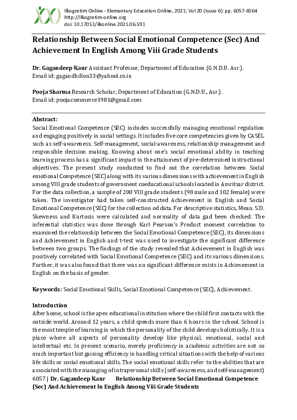 (PDF) Relationship Between Social Emotional Competence (Sec) And ...