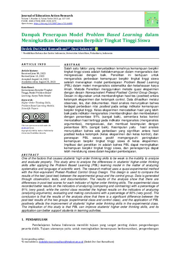 (PDF) Dampak Penerapan Model Problem Based Learning dalam Meningkatkan ...