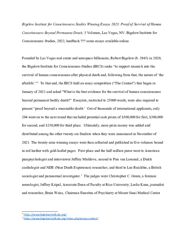 (DOC) Review of Bigelow Institute for Consciousness Studies Winning