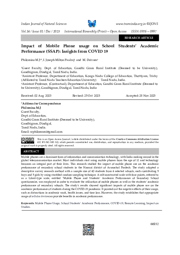 (PDF) Impact of Mobile Phone usage on School Students' Academic ...
