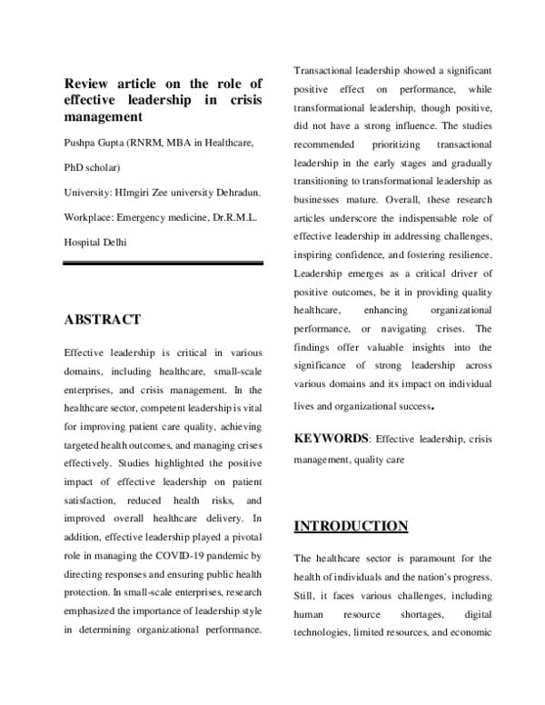 (PDF) Review article on the role of effective leadership in crisis ...