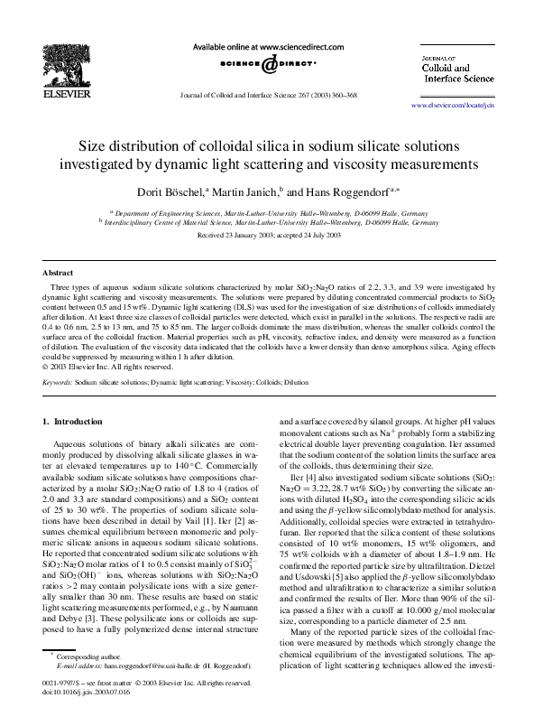 (PDF) Colloidal Silica Size Distribution in Sodium Silicate Solutions