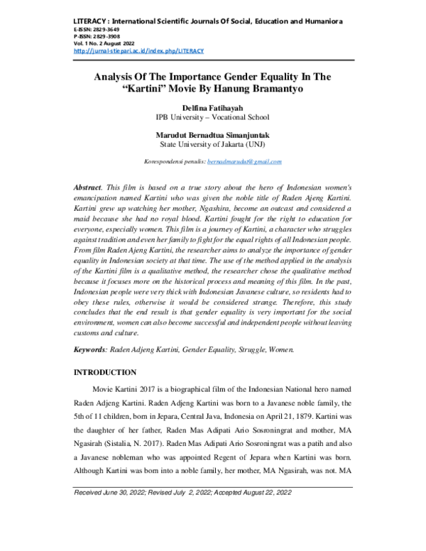 (PDF) Analysis Of The Importance Gender Equality In The “Kartini” Movie ...