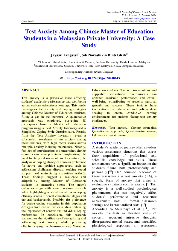 (PDF) Test Anxiety Among Chinese Master of Education Students in a ...