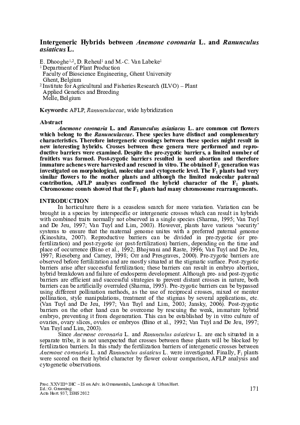 (PDF) Intergeneric Hybrids Between Anemone Coronaria L. And Ranunculus ...