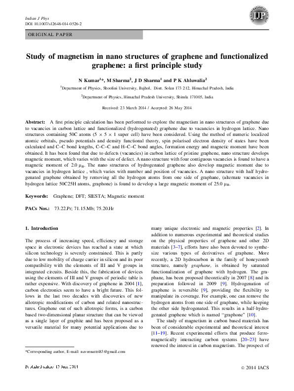 (PDF) Study of magnetism in nano structures of graphene and ...