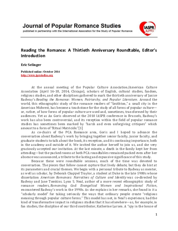(PDF) Reading the Romance : A Thirtieth Anniversary Roundtable, Editor ...