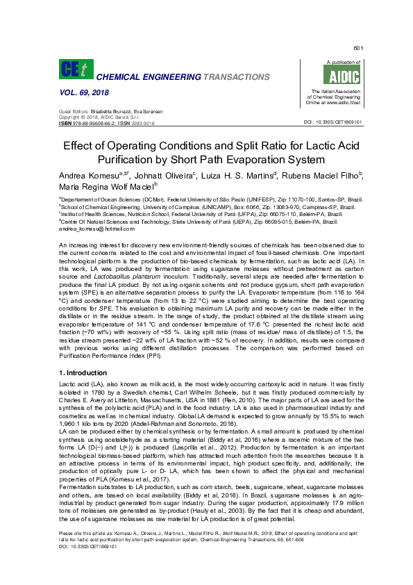 (PDF) Effect of Operating Conditions and Split Ratio for Lactic Acid ...