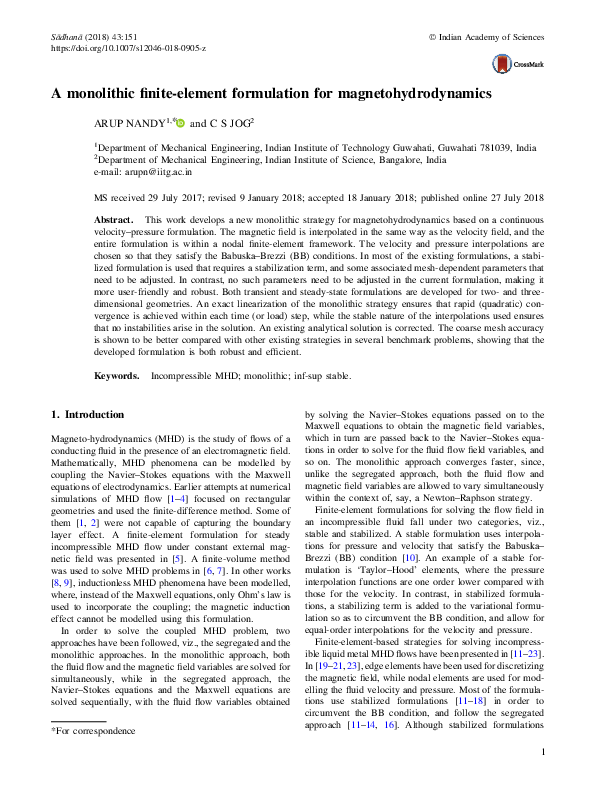 (PDF) A monolithic finite-element formulation for magnetohydrodynamics