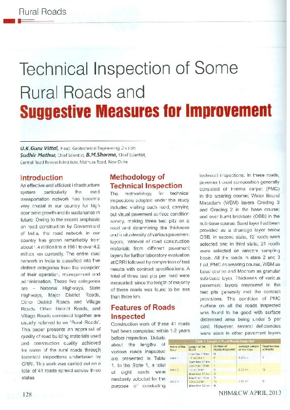 (PDF) Technical Inspection Rural Roads & Suggestive Measures for ...