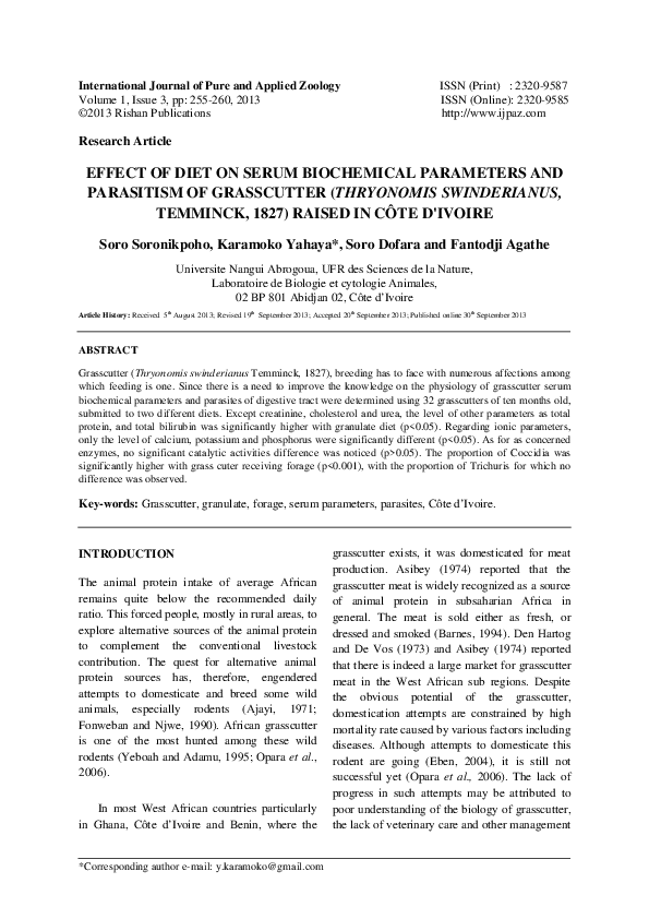 (PDF) Effect Of Diet on Serum Biochemical Parameters and Parasitism of ...