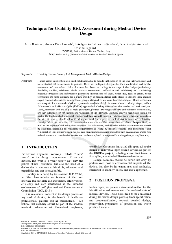 (PDF) Techniques for Usability Risk Assessment during Medical Device Design