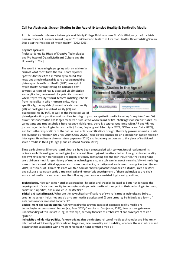 (PDF) Call for Abstracts: Screen Studies in the Age of Extended Reality ...