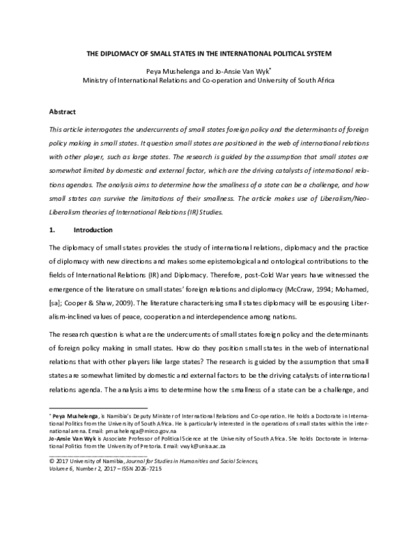 The diplomacy of small states in the international political system