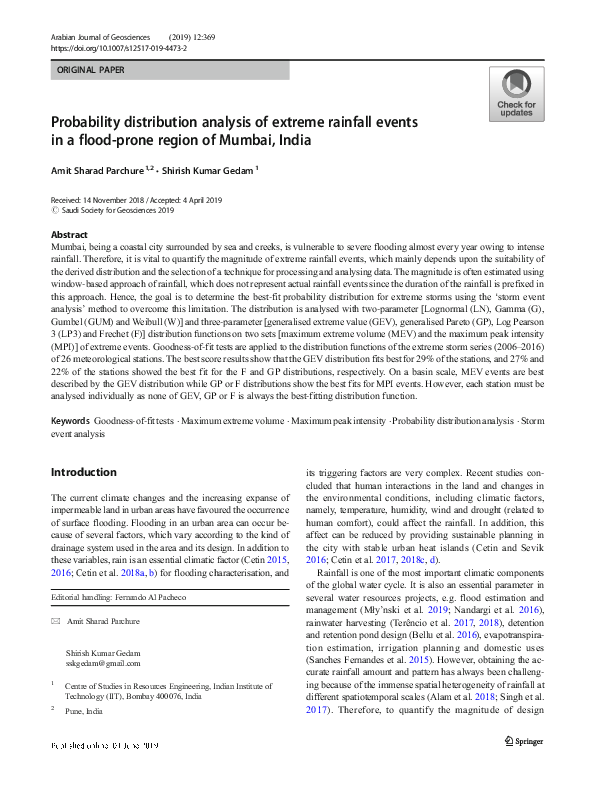 (PDF) Probability distribution analysis of extreme rainfall events in a ...