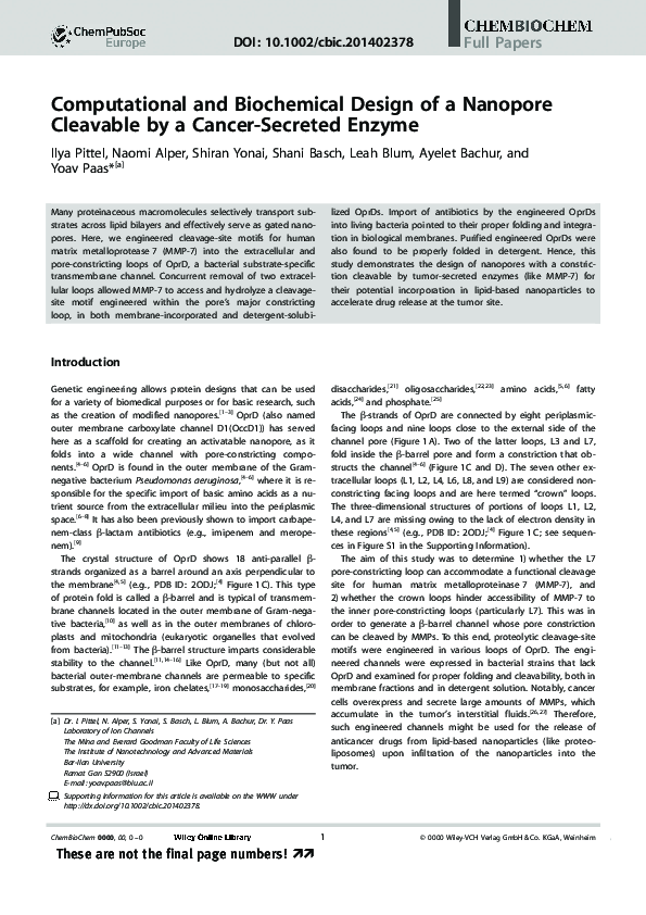 (PDF) Computational and Biochemical Design of a Nanopore Cleavable by a ...