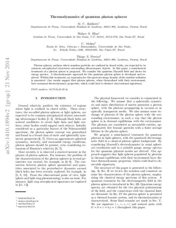 (PDF) Thermodynamics of quantum photon spheres