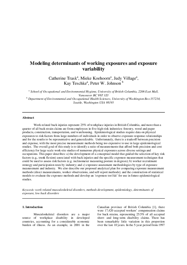 (PDF) Modeling determinants of working exposures and exposure variability