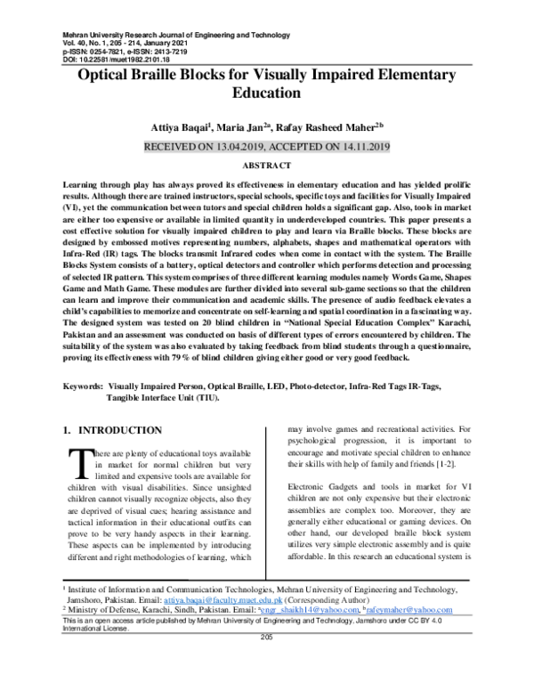 (PDF) Optical Braille Blocks for Visually Impaired Elementary Education
