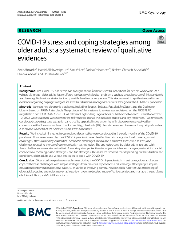 (PDF) COVID-19 stress and coping strategies among older adults: a ...
