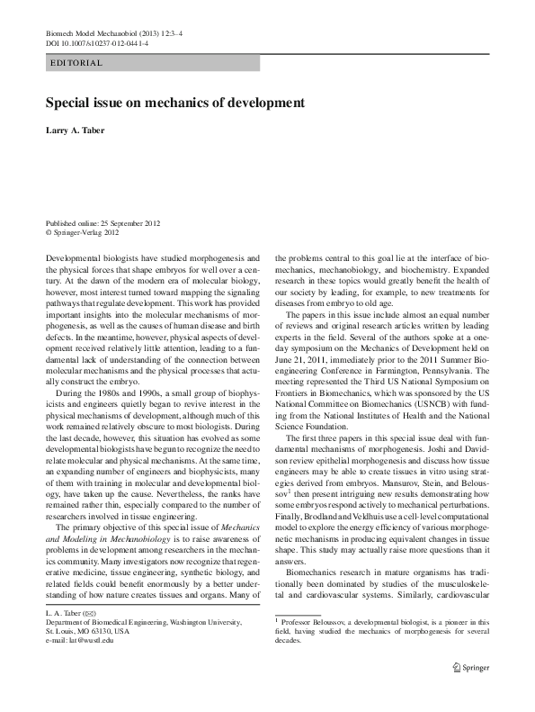 (PDF) Special issue on mechanics of development