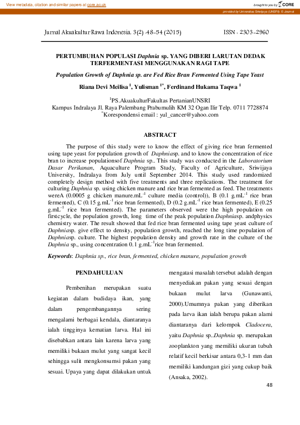 (PDF) PERTUMBUHAN POPULASI Daphnia sp. YANG DIBERI LARUTAN DEDAK ...