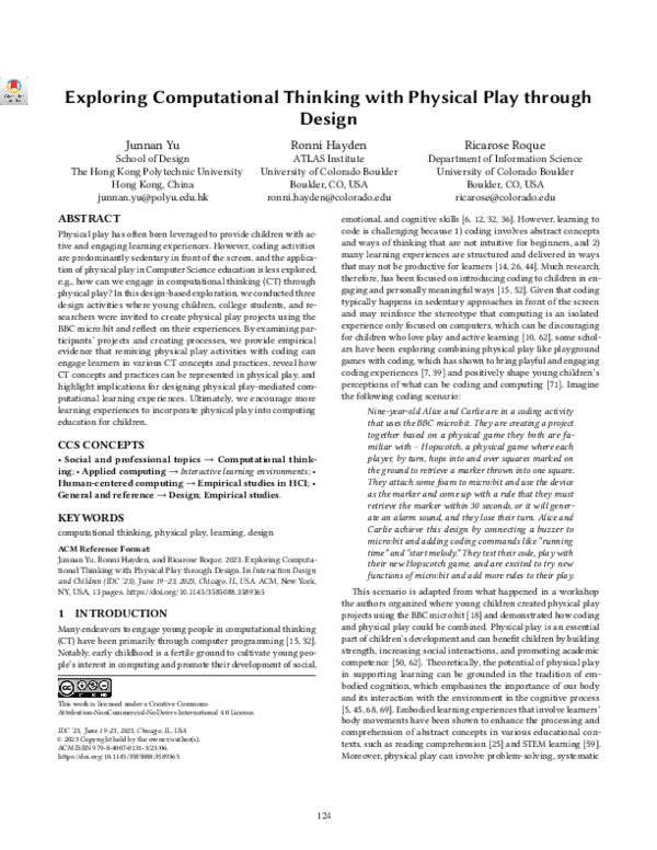(PDF) Exploring Computational Thinking with Physical Play through Design